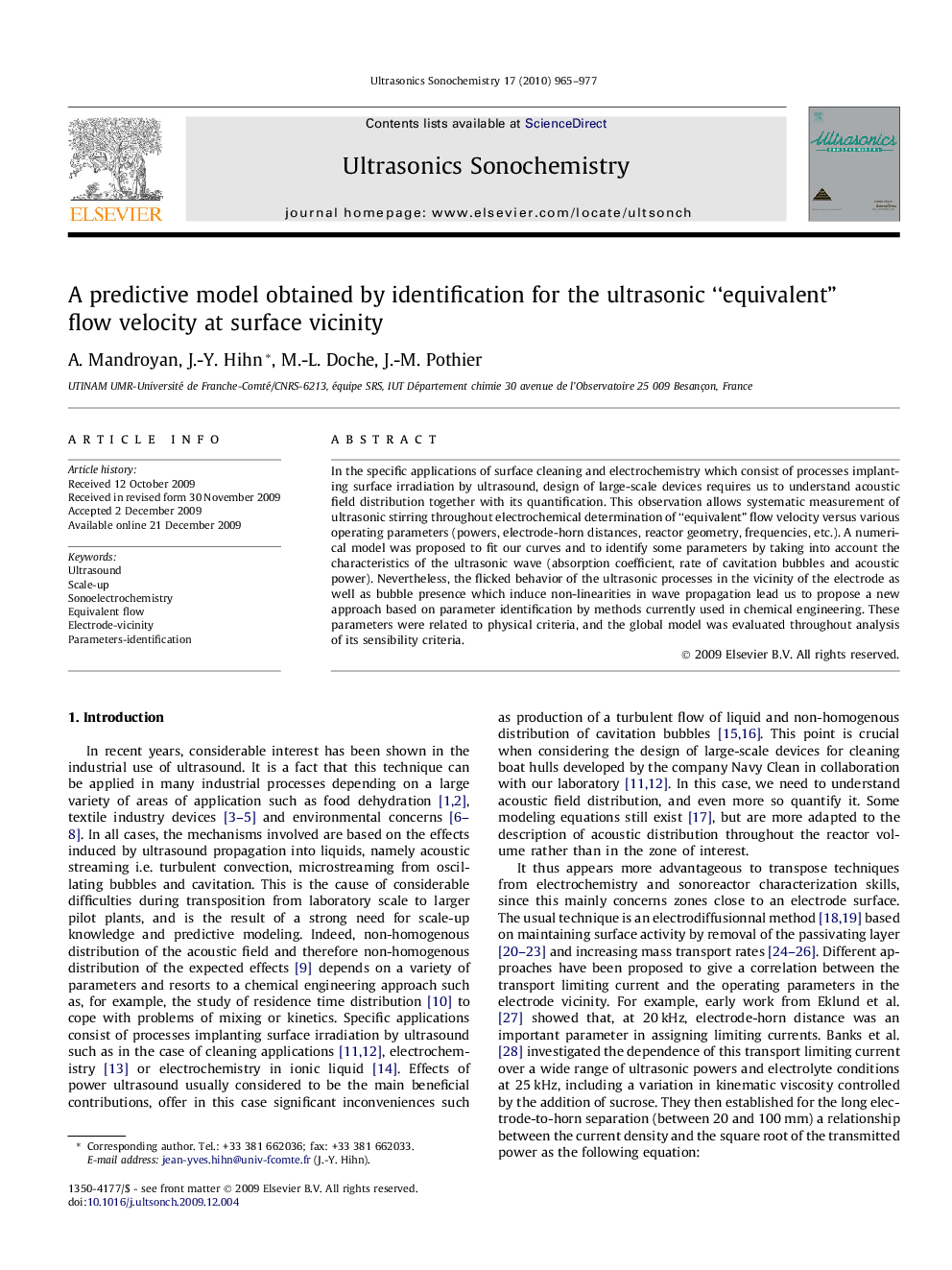 A predictive model obtained by identification for the ultrasonic “equivalent” flow velocity at surface vicinity