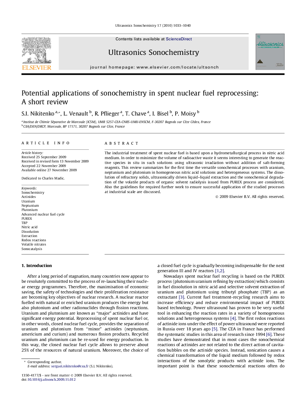 Potential applications of sonochemistry in spent nuclear fuel reprocessing: A short review