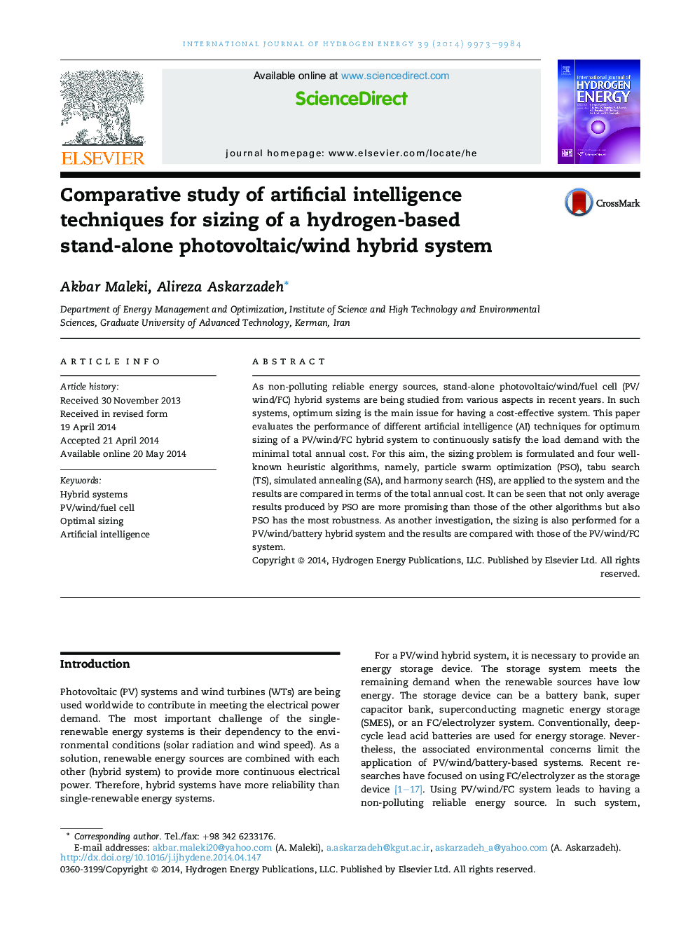 Comparative study of artificial intelligence techniques for sizing of a hydrogen-based stand-alone photovoltaic/wind hybrid system