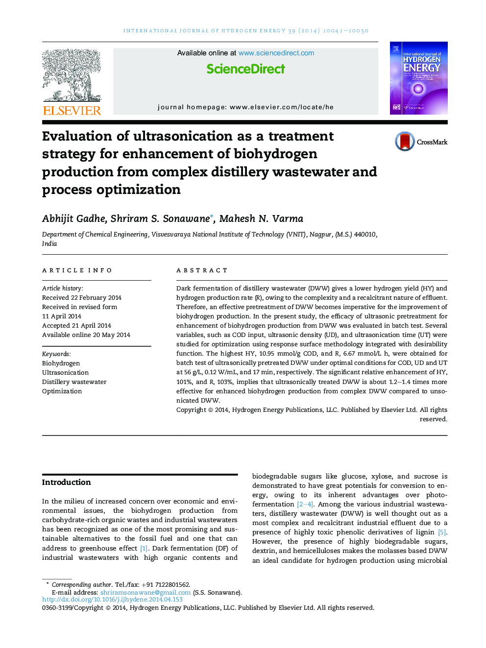 Evaluation of ultrasonication as a treatment strategy for enhancement of biohydrogen production from complex distillery wastewater and process optimization