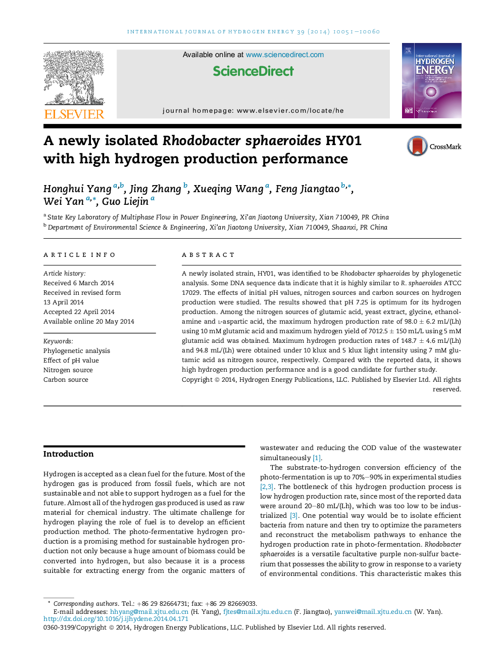 A newly isolated Rhodobacter sphaeroides HY01 with high hydrogen production performance