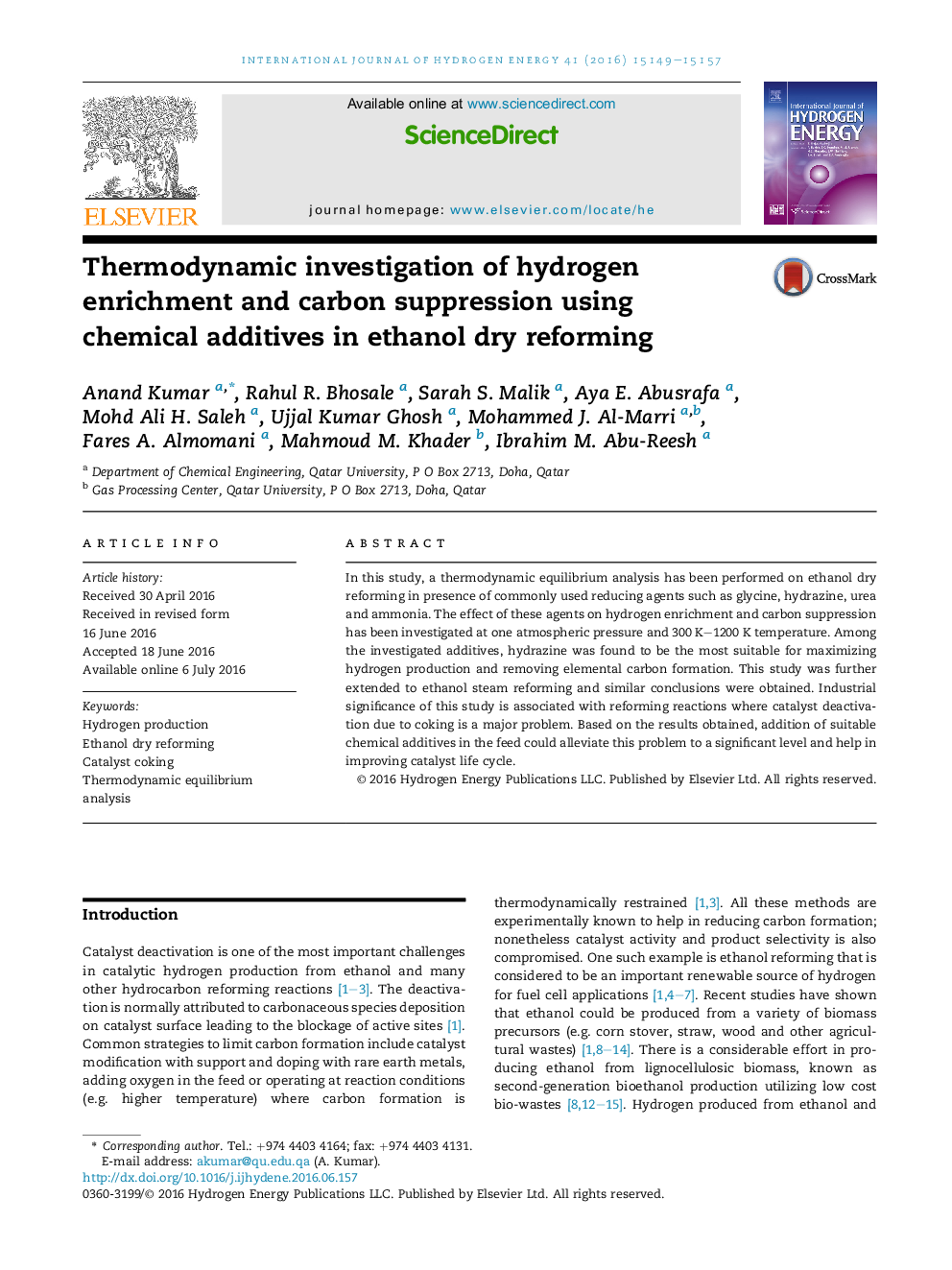 Thermodynamic investigation of hydrogen enrichment and carbon suppression using chemical additives in ethanol dry reforming