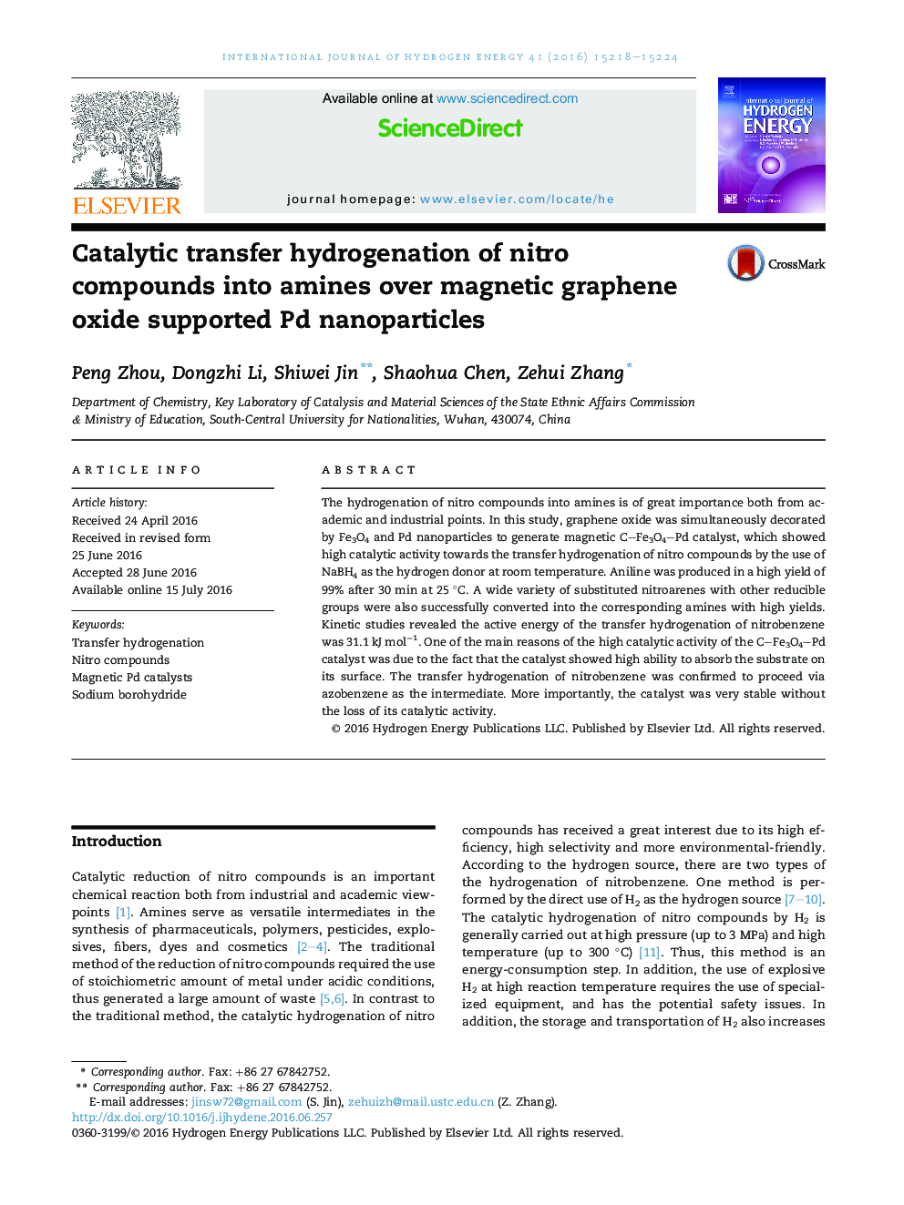 Catalytic transfer hydrogenation of nitro compounds into amines over magnetic graphene oxide supported Pd nanoparticles