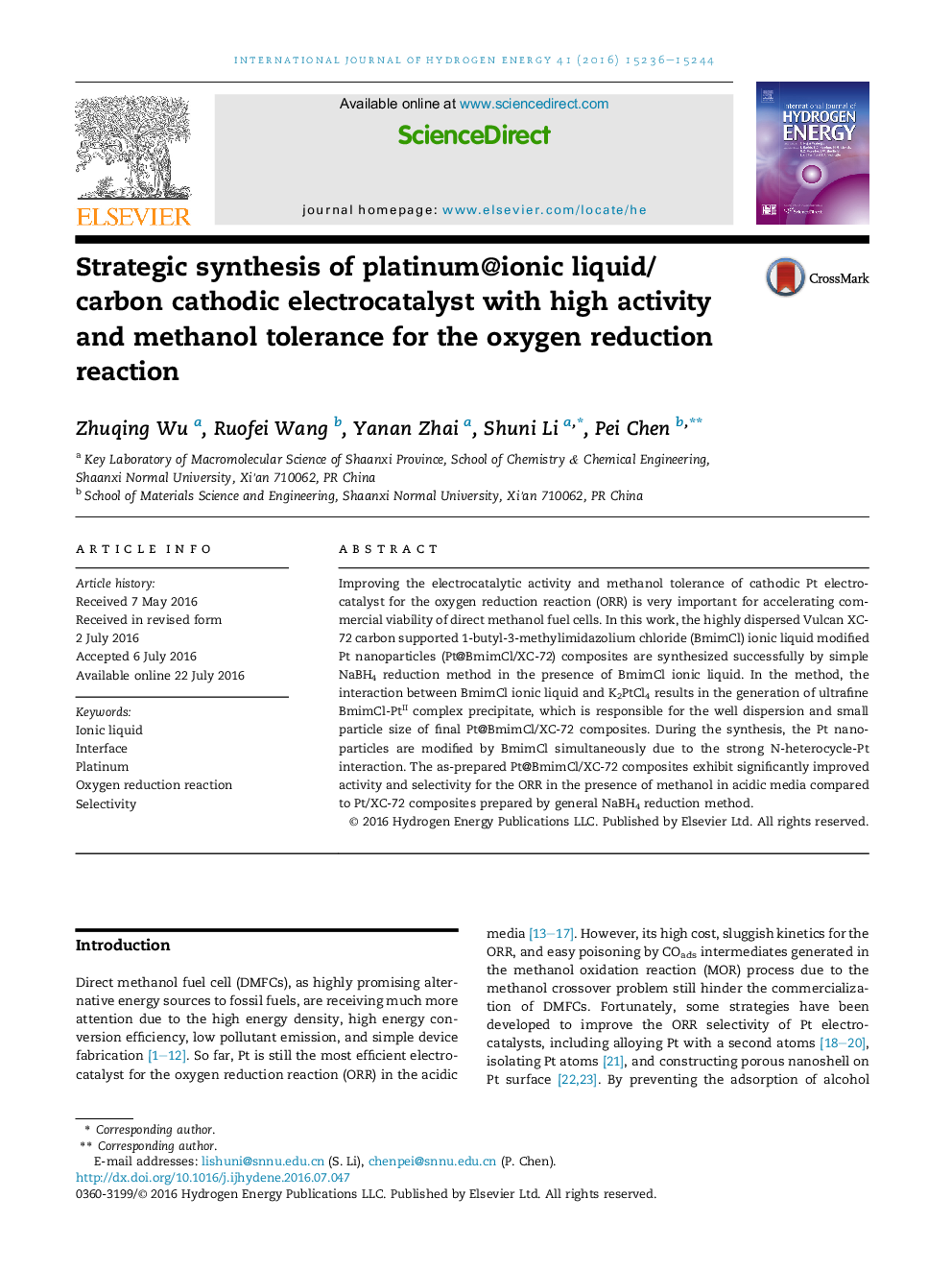 Strategic synthesis of platinum@ionic liquid/carbon cathodic electrocatalyst with high activity and methanol tolerance for the oxygen reduction reaction