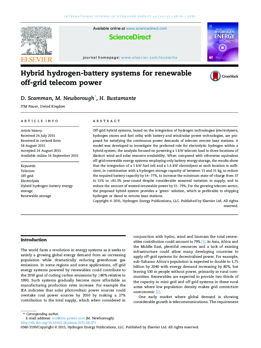 Hybrid hydrogen-battery systems for renewable off-grid telecom power