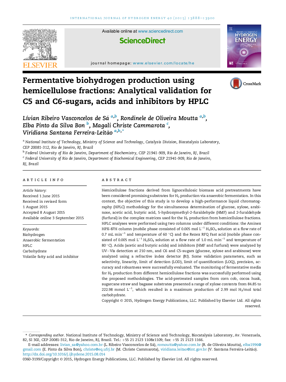 Fermentative biohydrogen production using hemicellulose fractions: Analytical validation for C5 and C6-sugars, acids and inhibitors by HPLC