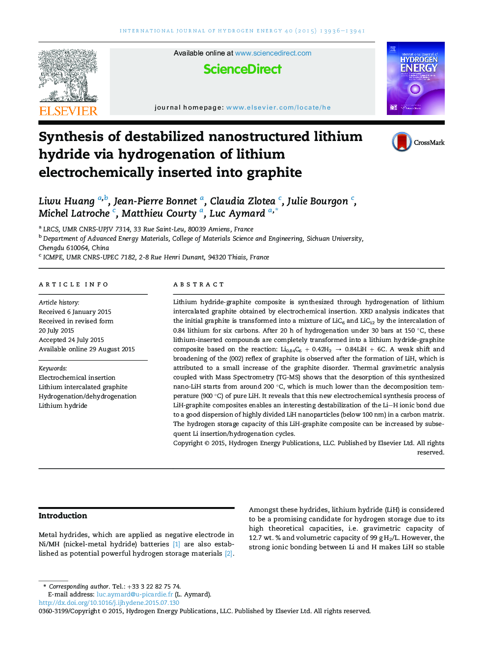 Synthesis of destabilized nanostructured lithium hydride via hydrogenation of lithium electrochemically inserted into graphite