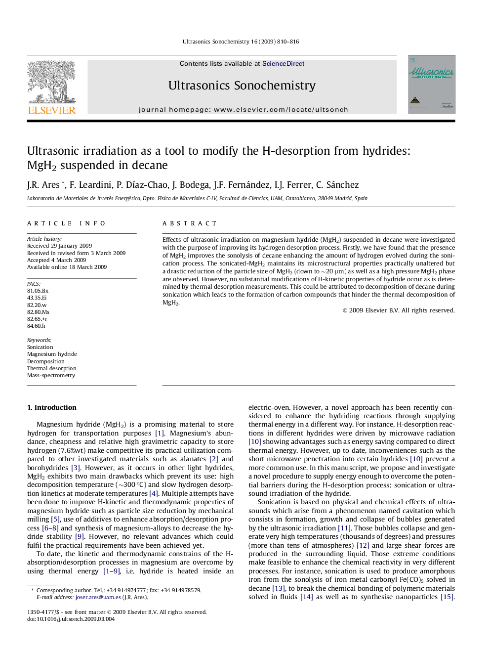 Ultrasonic irradiation as a tool to modify the H-desorption from hydrides: MgH2 suspended in decane