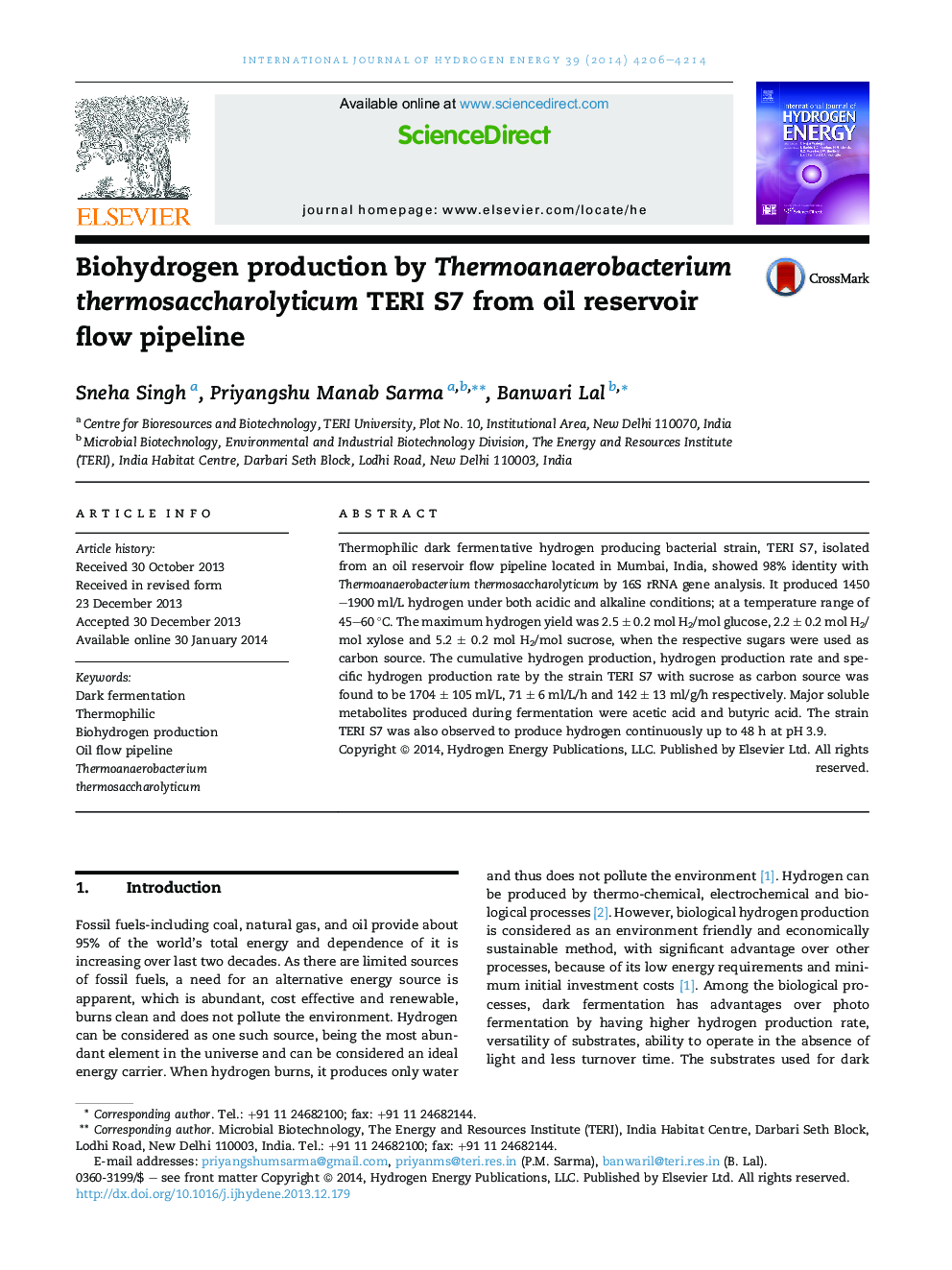 Biohydrogen production by Thermoanaerobacterium thermosaccharolyticum TERI S7 from oil reservoir flow pipeline