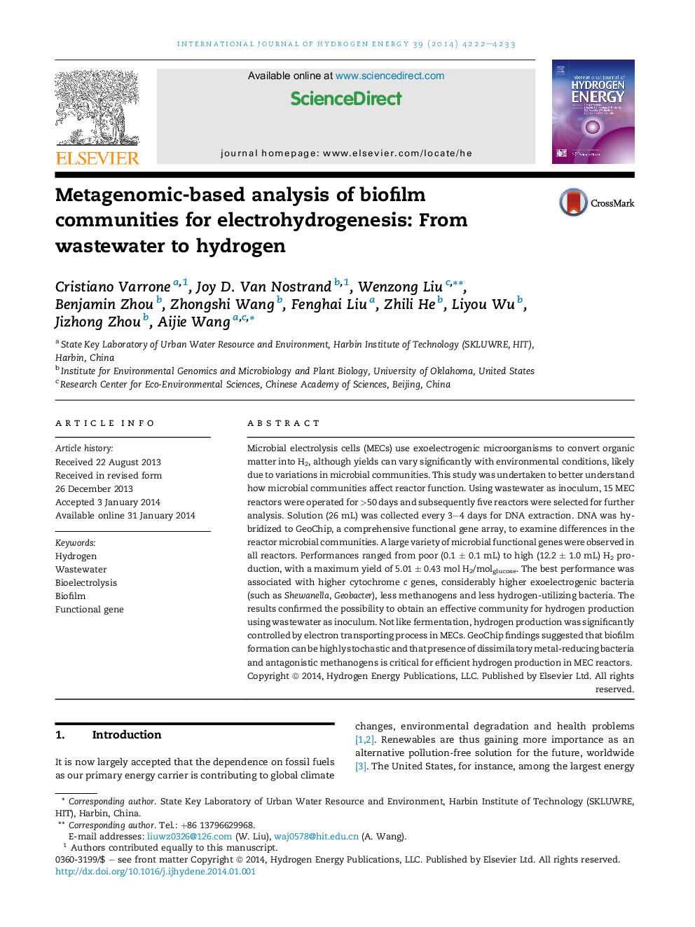 Metagenomic-based analysis of biofilm communities for electrohydrogenesis: From wastewater to hydrogen