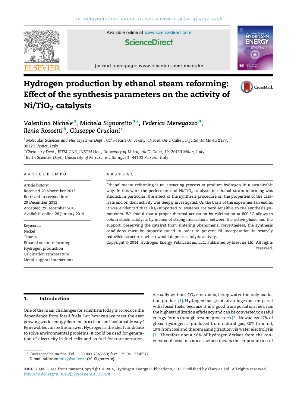 Hydrogen production by ethanol steam reforming: Effect of the synthesis parameters on the activity of Ni/TiO2 catalysts