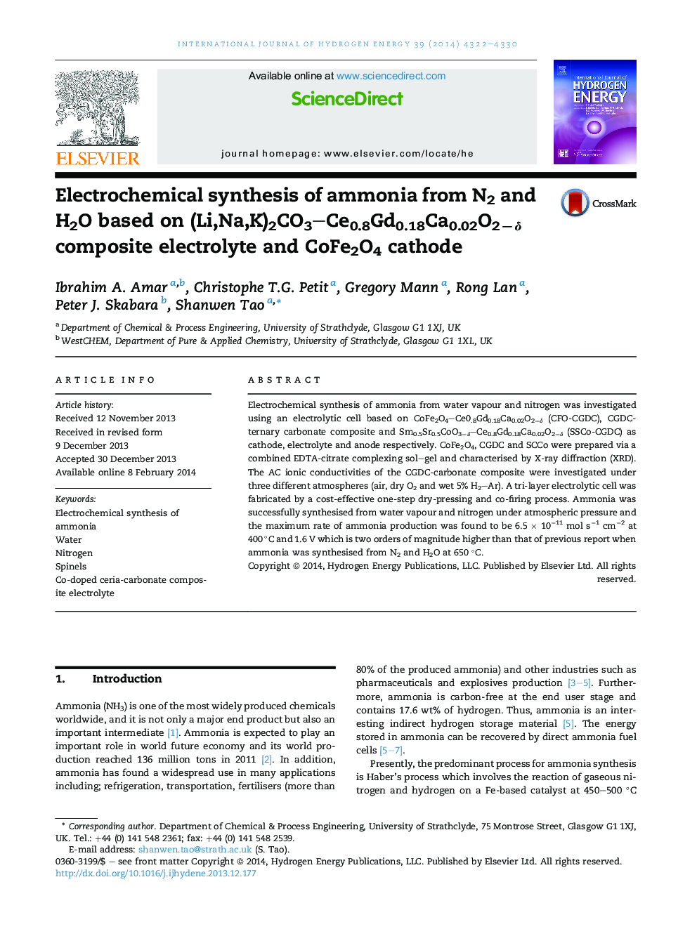 Electrochemical synthesis of ammonia from N2 and H2O based on (Li,Na,K)2CO3–Ce0.8Gd0.18Ca0.02O2−δ composite electrolyte and CoFe2O4 cathode