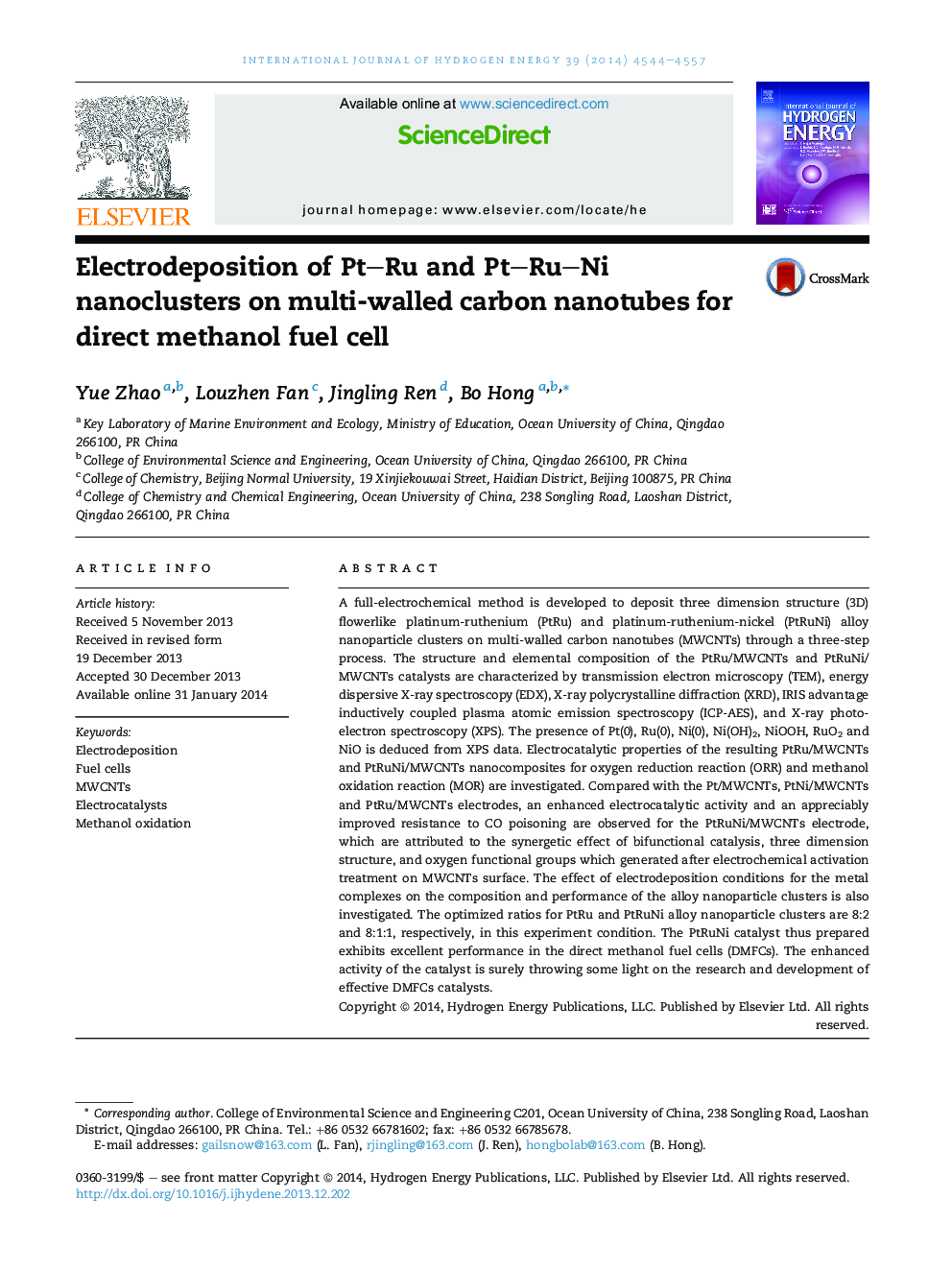 Electrodeposition of Pt–Ru and Pt–Ru–Ni nanoclusters on multi-walled carbon nanotubes for direct methanol fuel cell