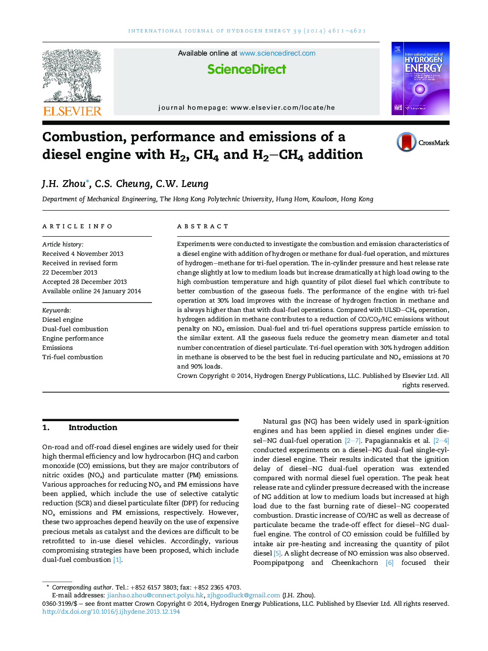 Combustion, performance and emissions of a diesel engine with H2, CH4 and H2–CH4 addition