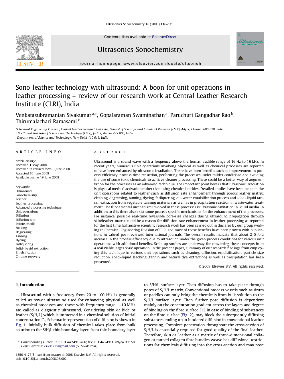 Sono-leather technology with ultrasound: A boon for unit operations in leather processing – review of our research work at Central Leather Research Institute (CLRI), India