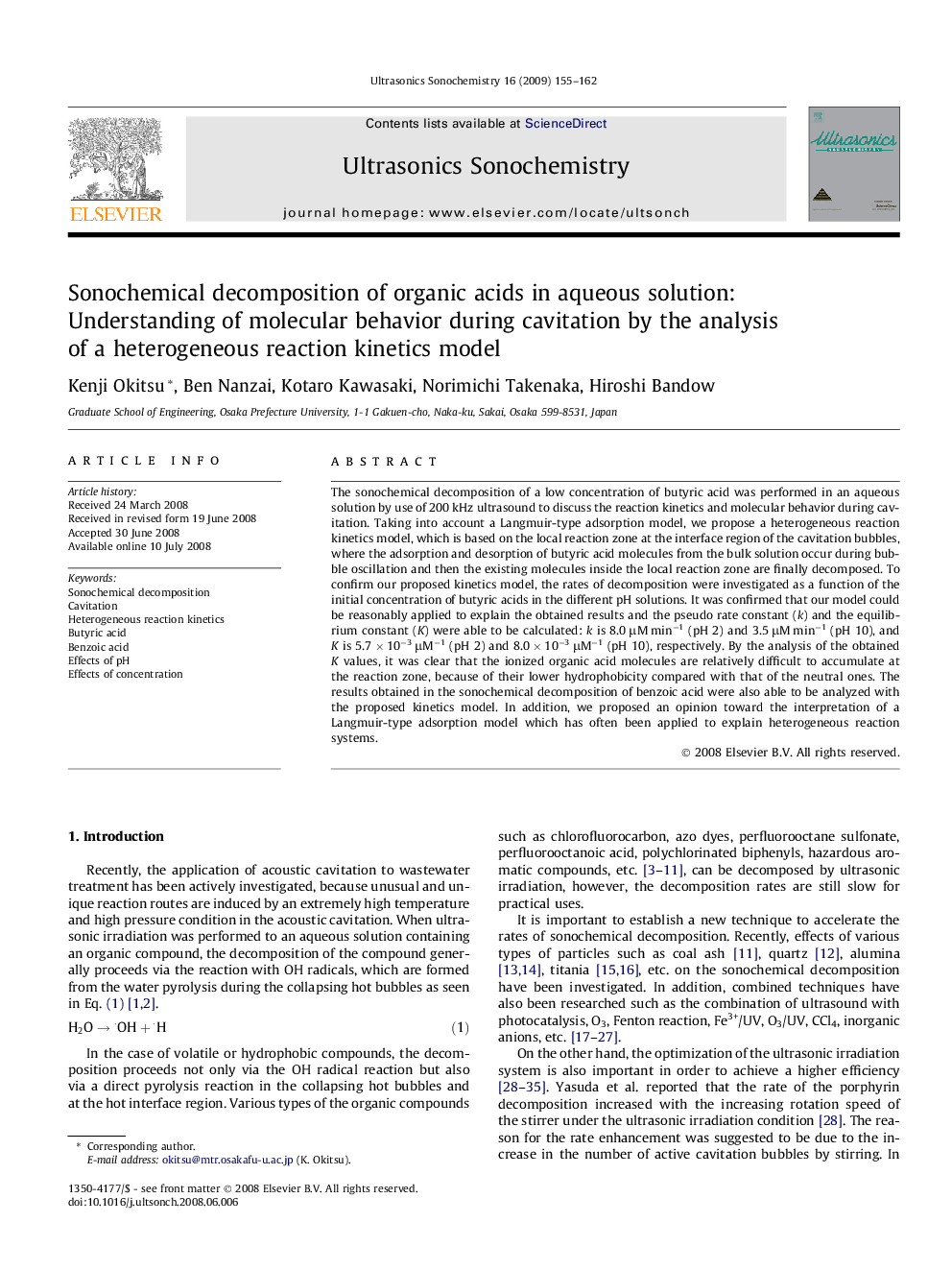 Sonochemical decomposition of organic acids in aqueous solution: Understanding of molecular behavior during cavitation by the analysis of a heterogeneous reaction kinetics model