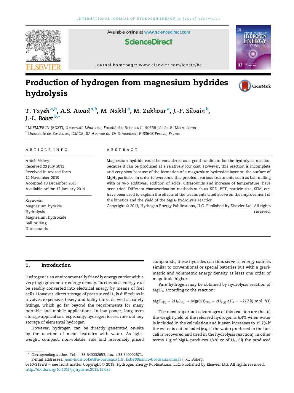 Production of hydrogen from magnesium hydrides hydrolysis