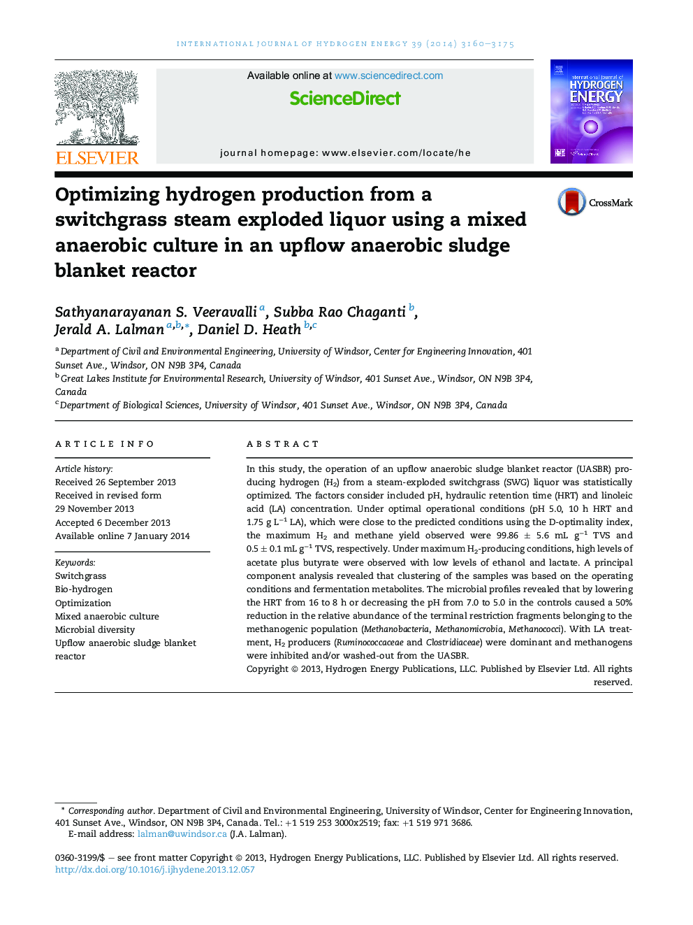 Optimizing hydrogen production from a switchgrass steam exploded liquor using a mixed anaerobic culture in an upflow anaerobic sludge blanket reactor