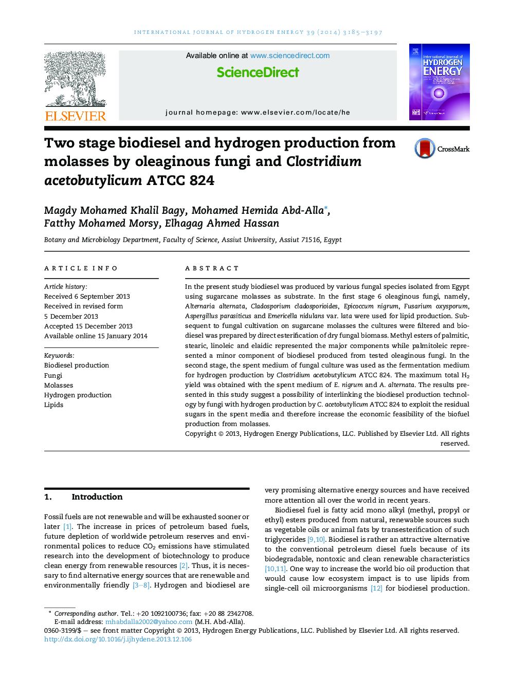 Two stage biodiesel and hydrogen production from molasses by oleaginous fungi and Clostridium acetobutylicum ATCC 824