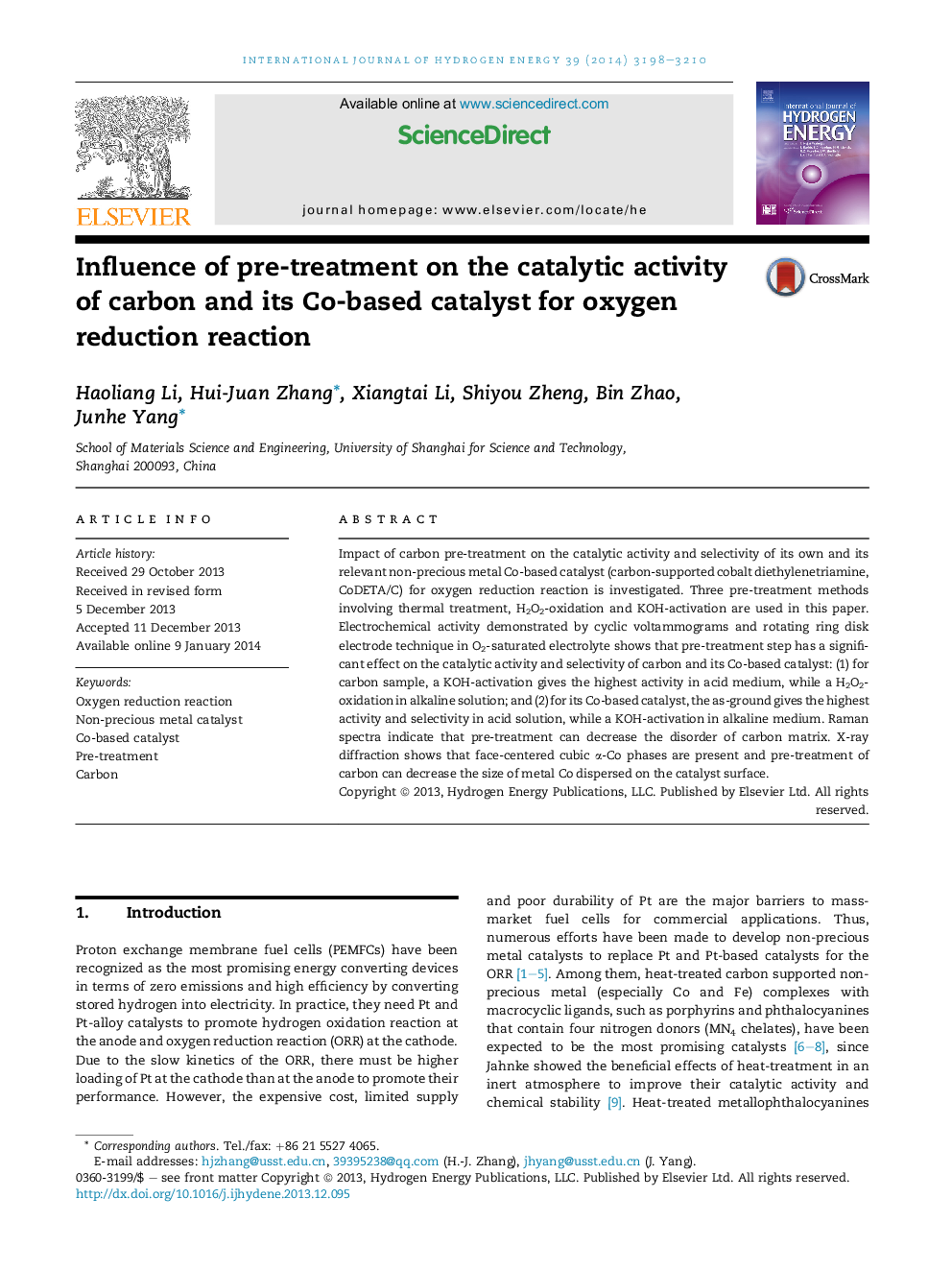 Influence of pre-treatment on the catalytic activity of carbon and its Co-based catalyst for oxygen reduction reaction