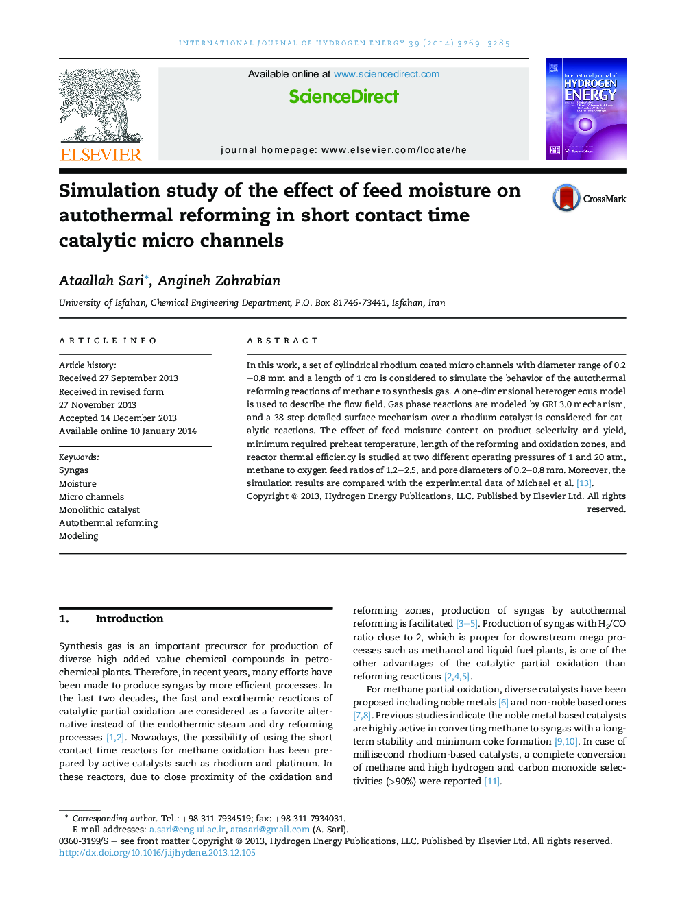 Simulation study of the effect of feed moisture on autothermal reforming in short contact time catalytic micro channels