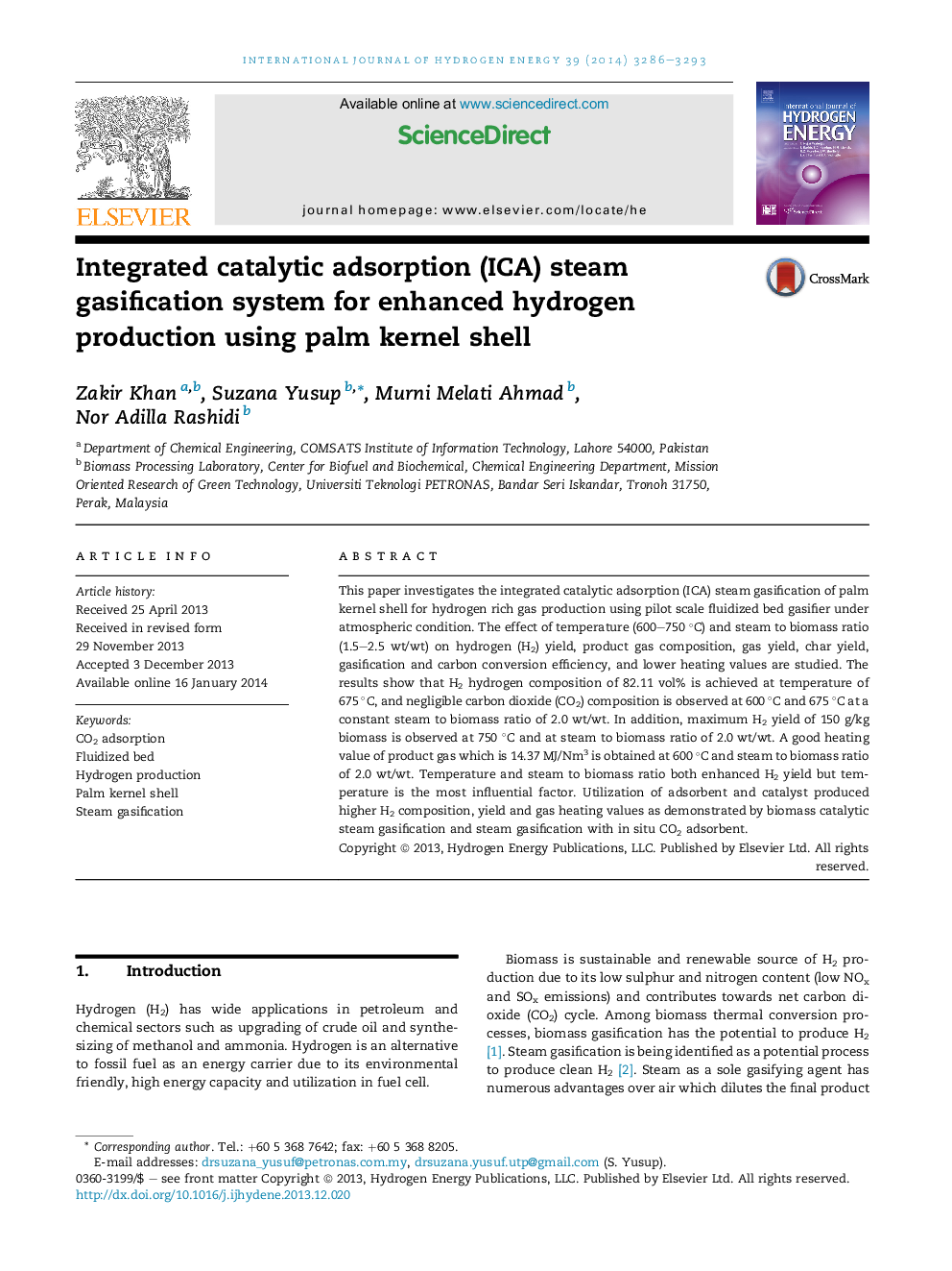 Integrated catalytic adsorption (ICA) steam gasification system for enhanced hydrogen production using palm kernel shell