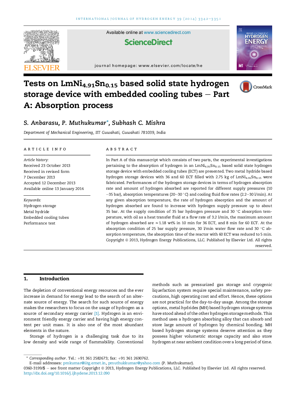 Tests on LmNi4.91Sn0.15 based solid state hydrogen storage device with embedded cooling tubes – Part A: Absorption process