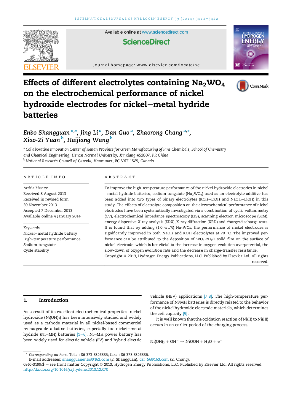 Effects of different electrolytes containing Na2WO4 on the electrochemical performance of nickel hydroxide electrodes for nickel–metal hydride batteries