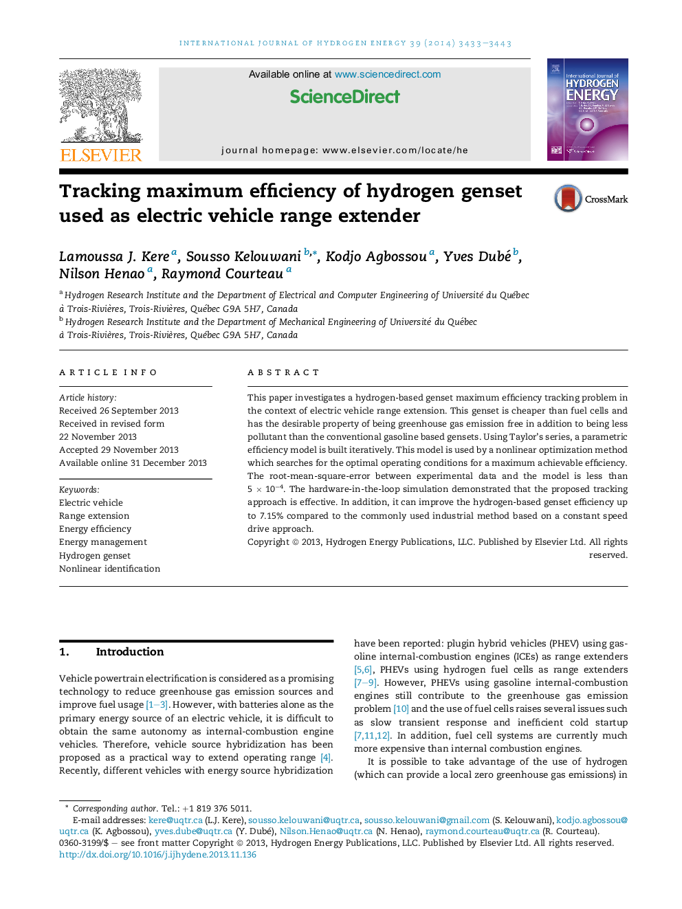 Tracking maximum efficiency of hydrogen genset used as electric vehicle range extender