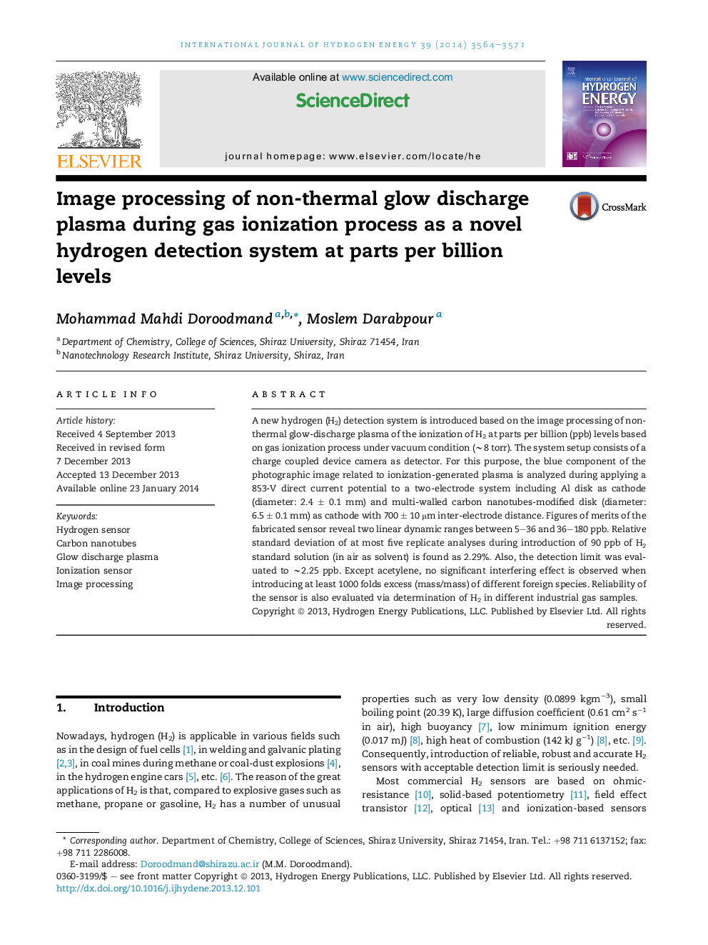 Image processing of non-thermal glow discharge plasma during gas ionization process as a novel hydrogen detection system at parts per billion levels