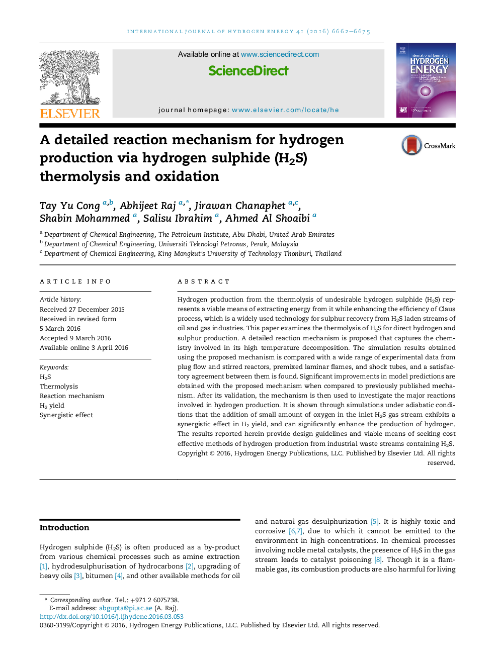 A detailed reaction mechanism for hydrogen production via hydrogen sulphide (H2S) thermolysis and oxidation