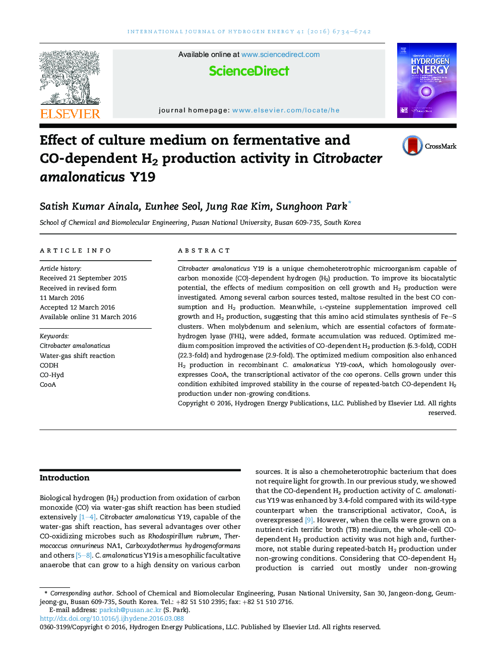 Effect of culture medium on fermentative and CO-dependent H2 production activity in Citrobacter amalonaticus Y19