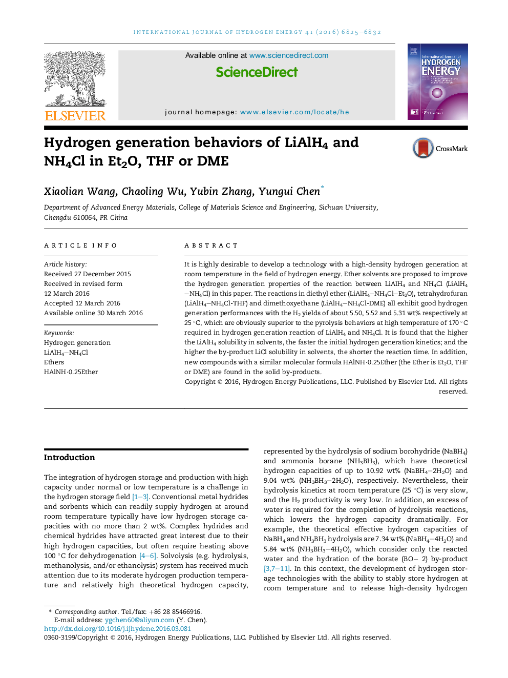 Hydrogen generation behaviors of LiAlH4 and NH4Cl in Et2O, THF or DME