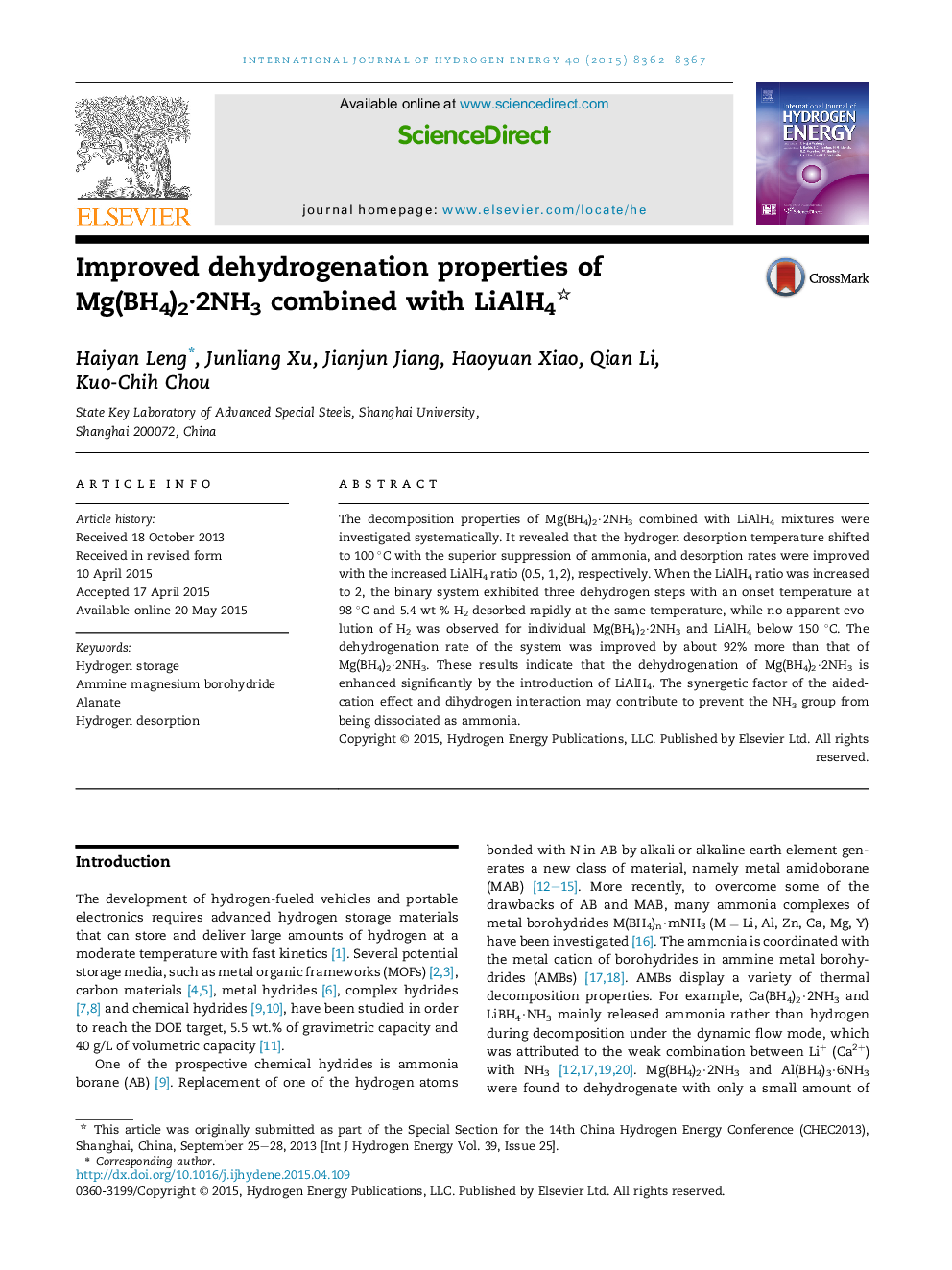 Improved dehydrogenation properties of Mg(BH4)2·2NH3 combined with LiAlH4