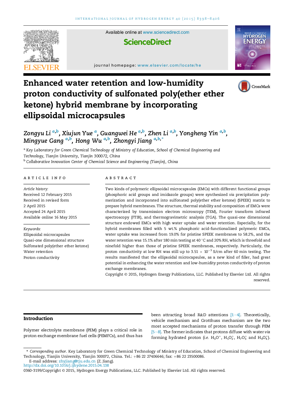 Enhanced water retention and low-humidity proton conductivity of sulfonated poly(ether ether ketone) hybrid membrane by incorporating ellipsoidal microcapsules