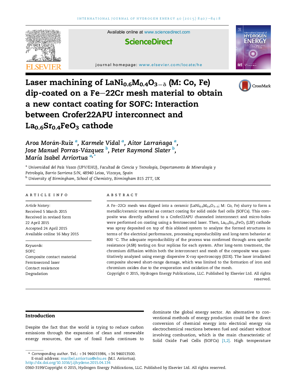 Laser machining of LaNi0.6M0.4O3−δ (M: Co, Fe) dip-coated on a Fe–22Cr mesh material to obtain a new contact coating for SOFC: Interaction between Crofer22APU interconnect and La0.6Sr0.4FeO3 cathode