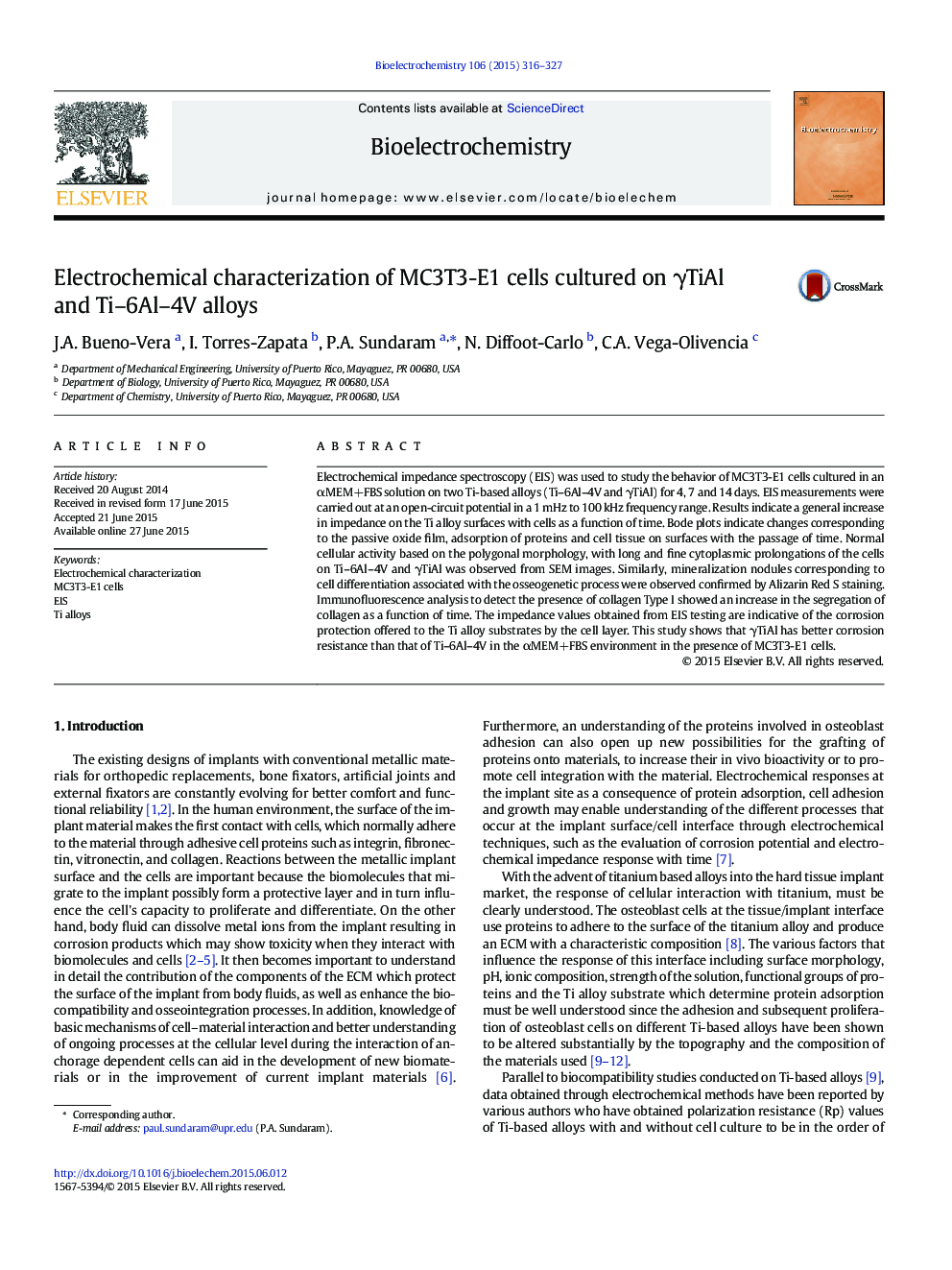 Electrochemical characterization of MC3T3-E1 cells cultured on γTiAl and Ti–6Al–4V alloys