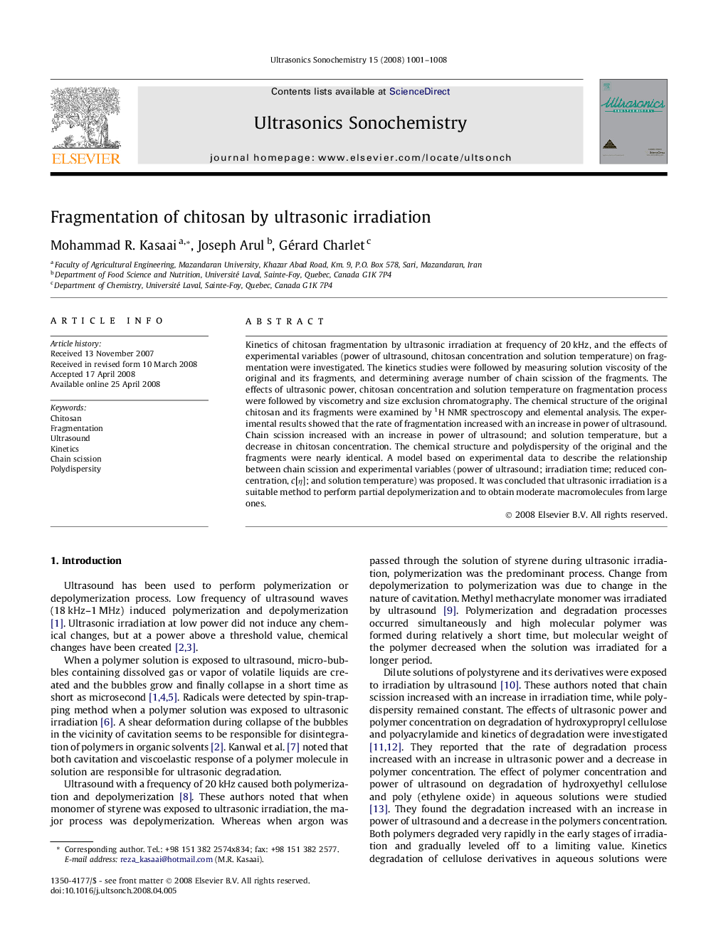 Fragmentation of chitosan by ultrasonic irradiation