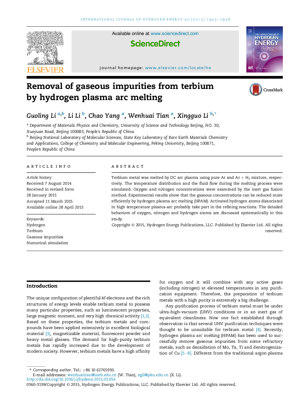 Removal of gaseous impurities from terbium by hydrogen plasma arc melting