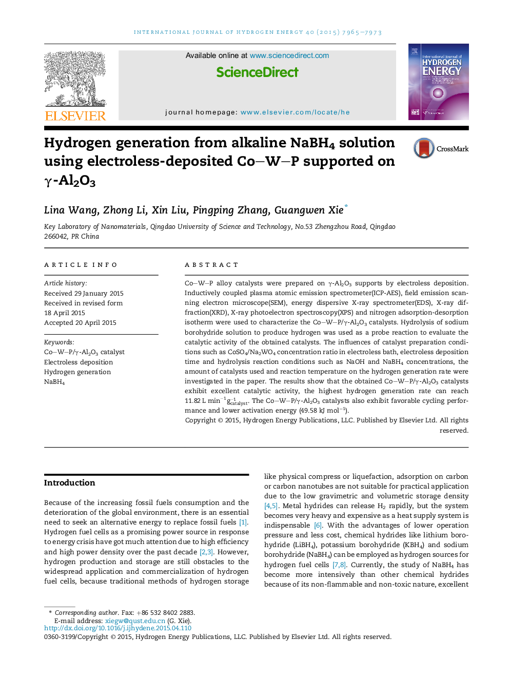 Hydrogen generation from alkaline NaBH4 solution using electroless-deposited Co–W–P supported on γ-Al2O3