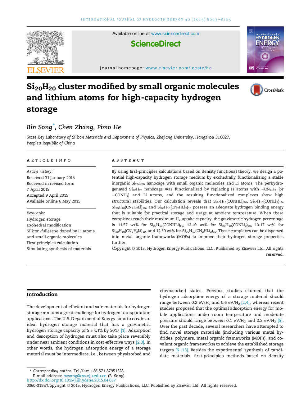 Si20H20 cluster modified by small organic molecules and lithium atoms for high-capacity hydrogen storage