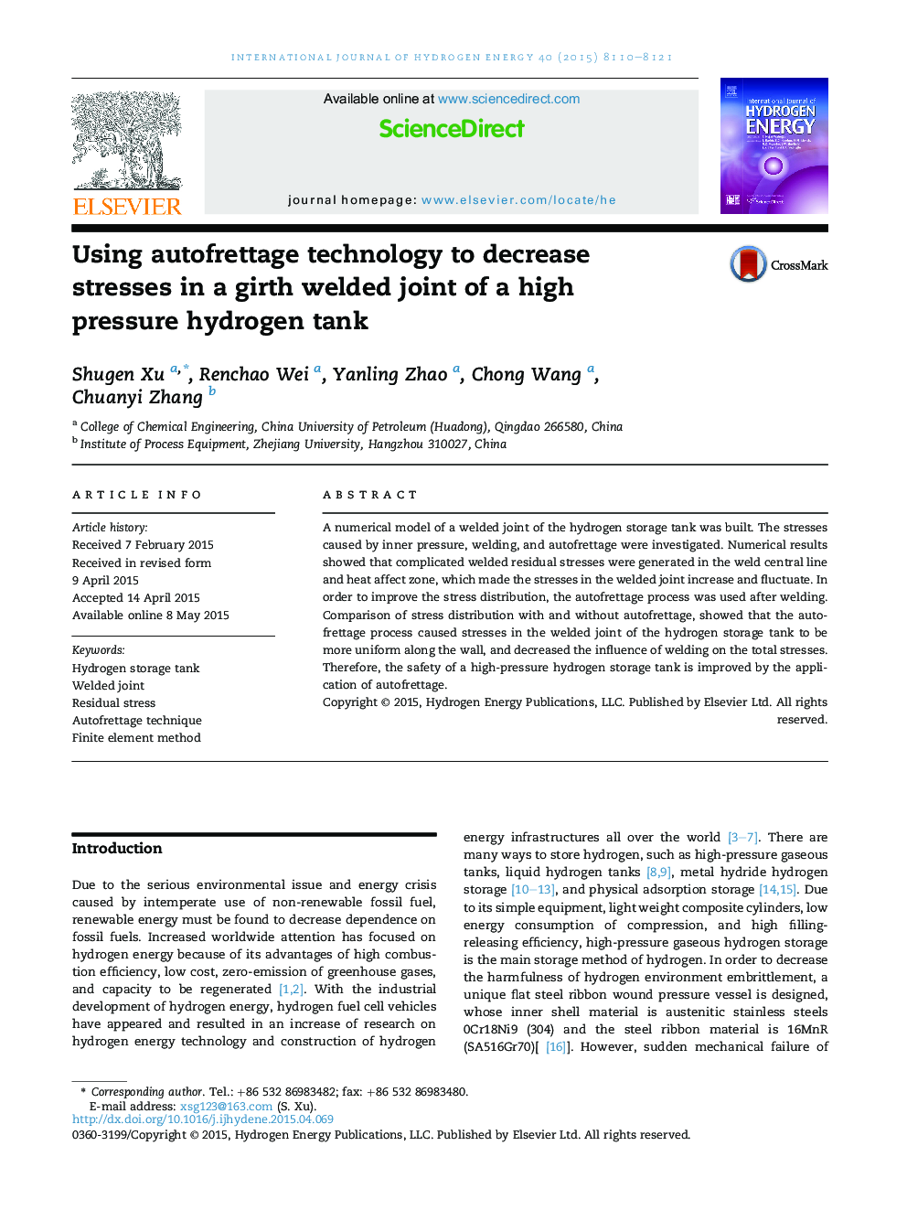 Using autofrettage technology to decrease stresses in a girth welded joint of a high pressure hydrogen tank