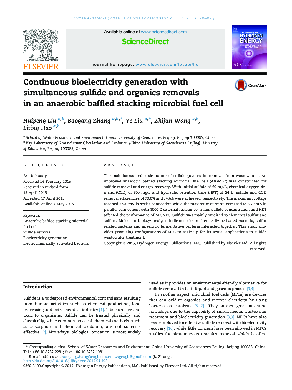 Continuous bioelectricity generation with simultaneous sulfide and organics removals in an anaerobic baffled stacking microbial fuel cell