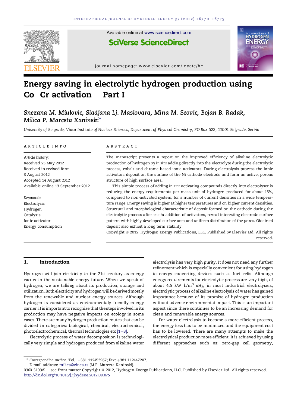 Energy saving in electrolytic hydrogen production using Co–Cr activation – Part I