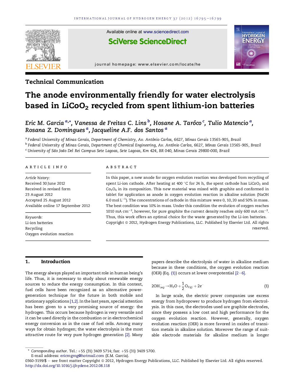 The anode environmentally friendly for water electrolysis based in LiCoO2 recycled from spent lithium-ion batteries