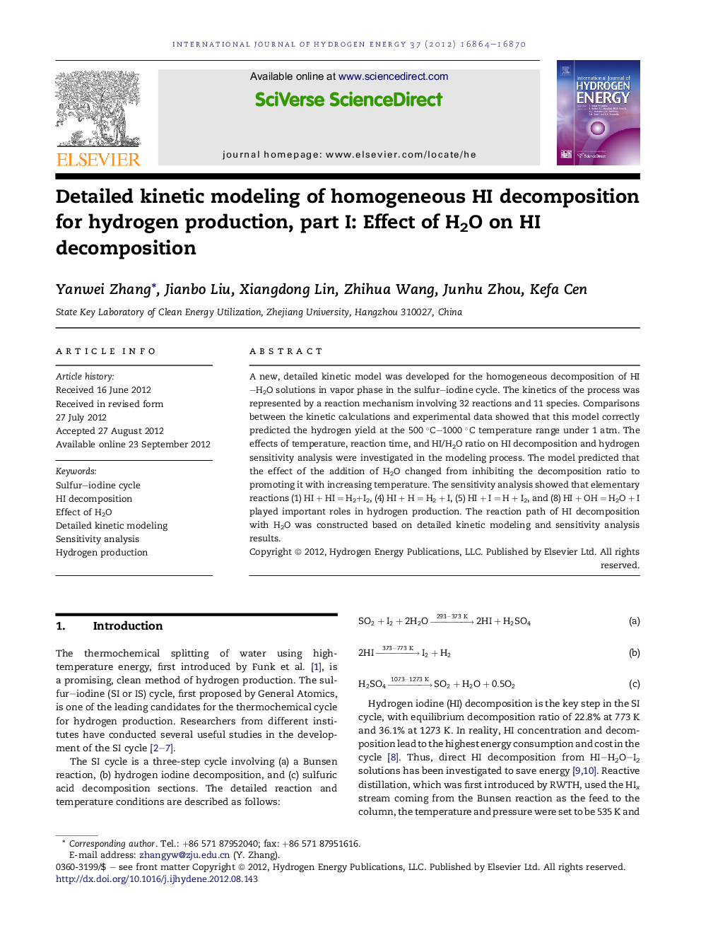 Detailed kinetic modeling of homogeneous HI decomposition for hydrogen production, part I: Effect of H2O on HI decomposition