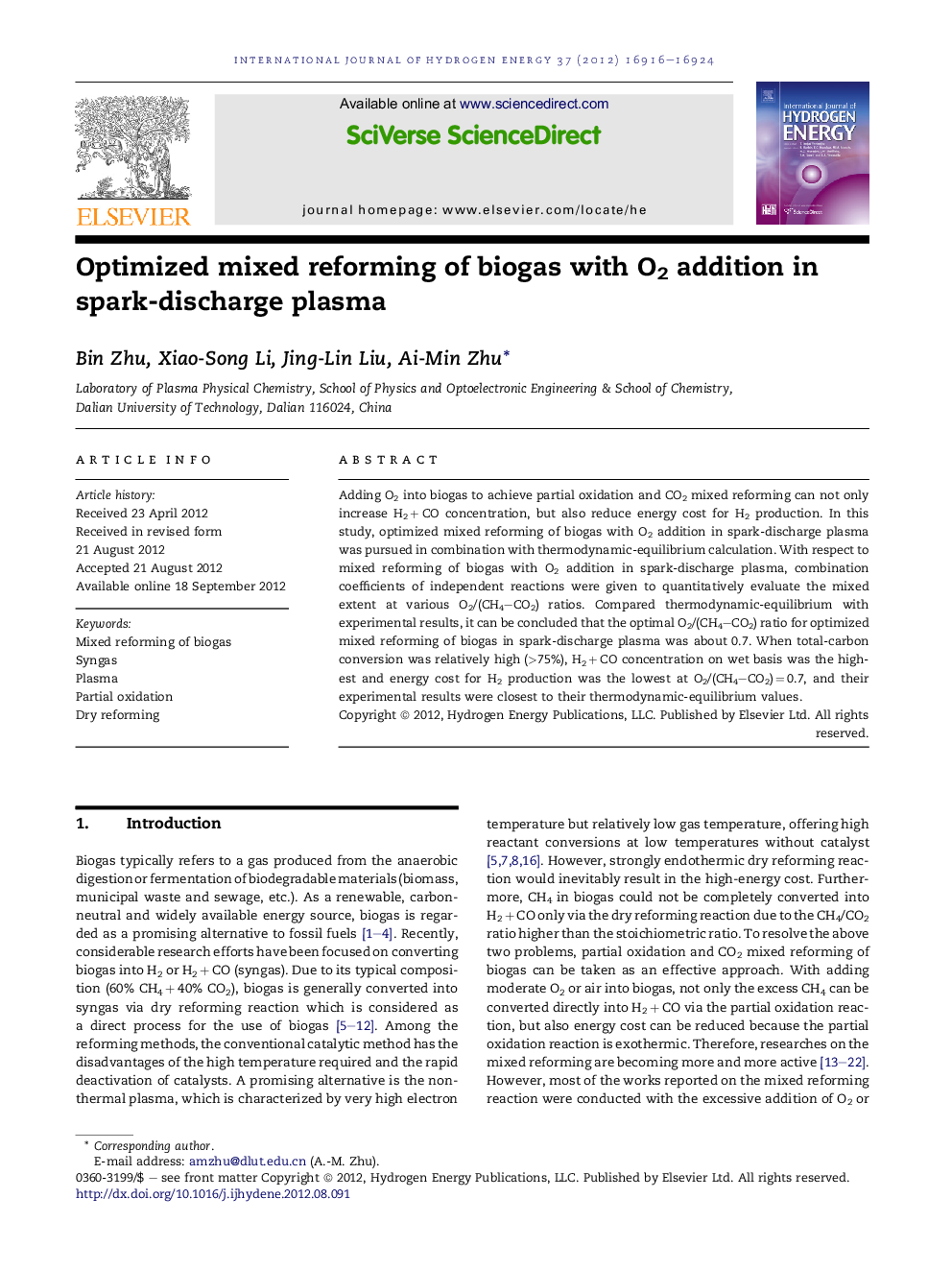 Optimized mixed reforming of biogas with O2 addition in spark-discharge plasma