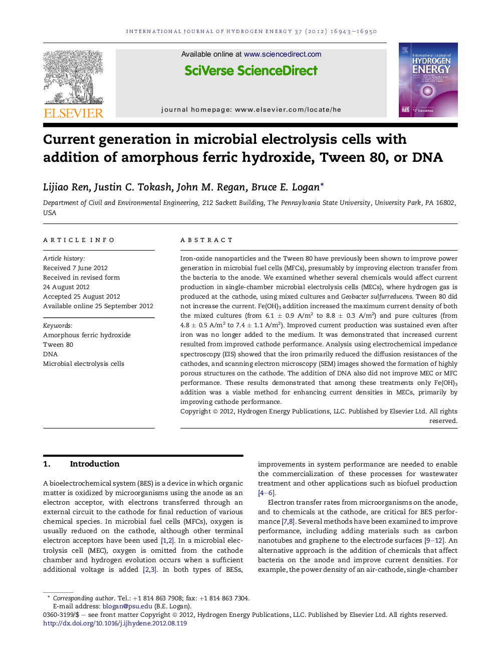 Current generation in microbial electrolysis cells with addition of amorphous ferric hydroxide, Tween 80, or DNA