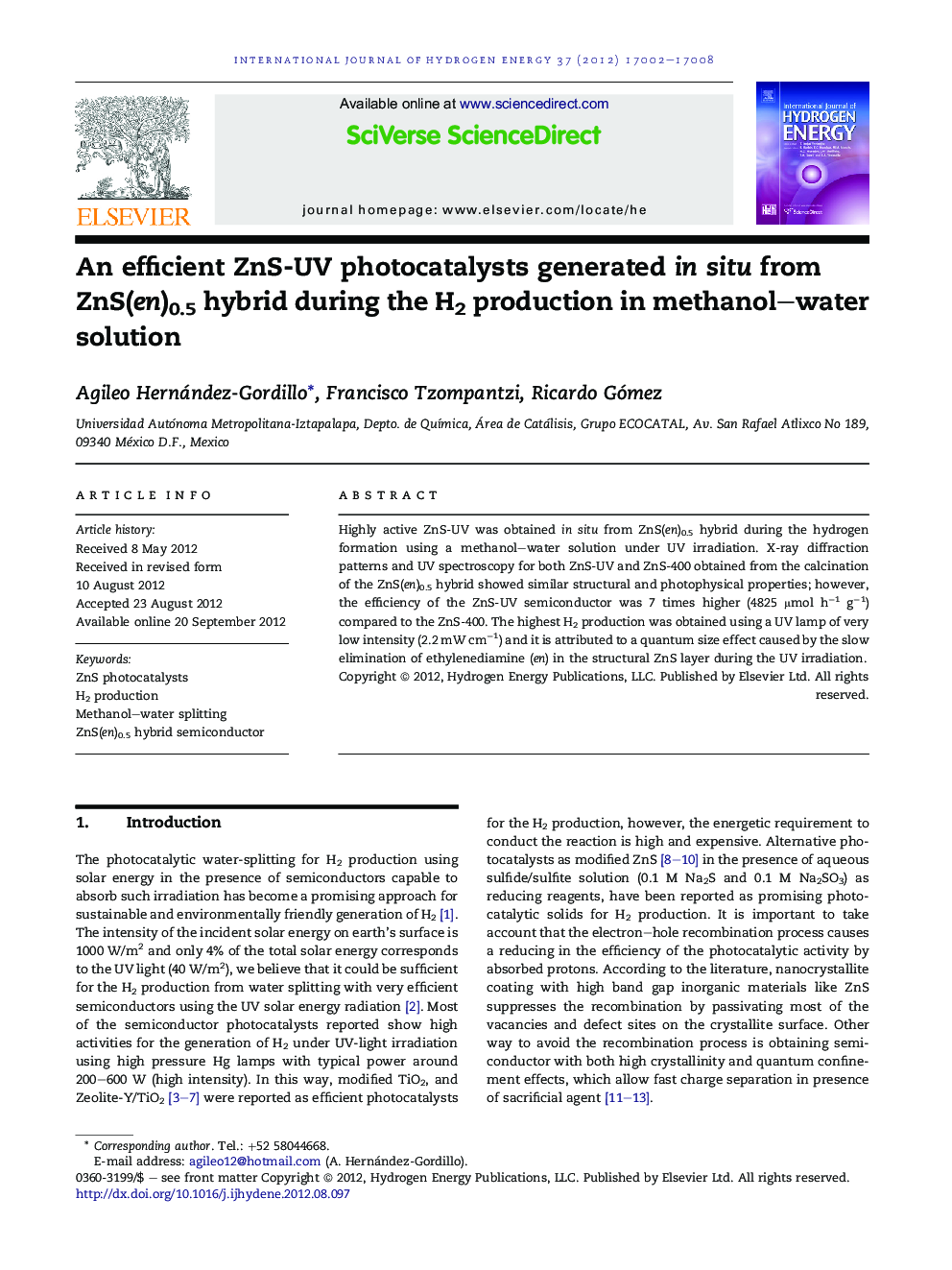 An efficient ZnS-UV photocatalysts generated in situ from ZnS(en)0.5 hybrid during the H2 production in methanol–water solution