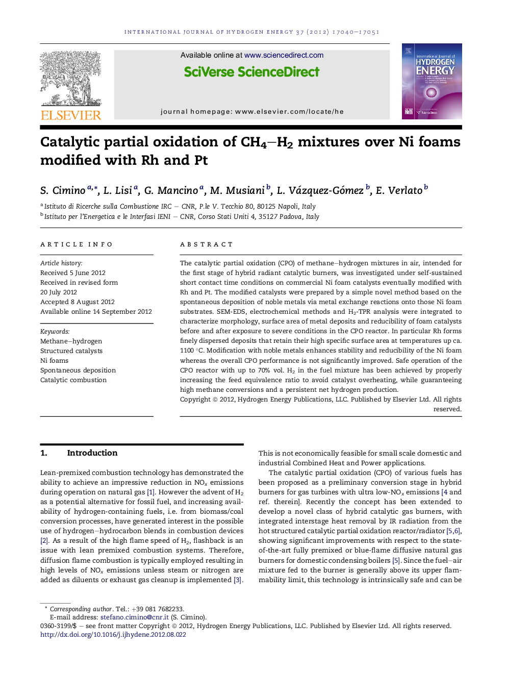 Catalytic partial oxidation of CH4–H2 mixtures over Ni foams modified with Rh and Pt